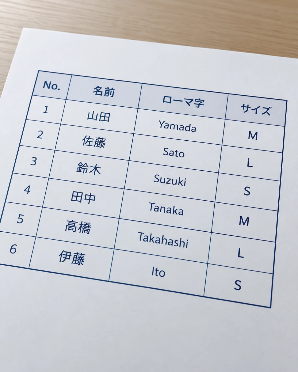 チームの名簿の記入例。No.・名前・ローマ字・サイズを一覧にした表
