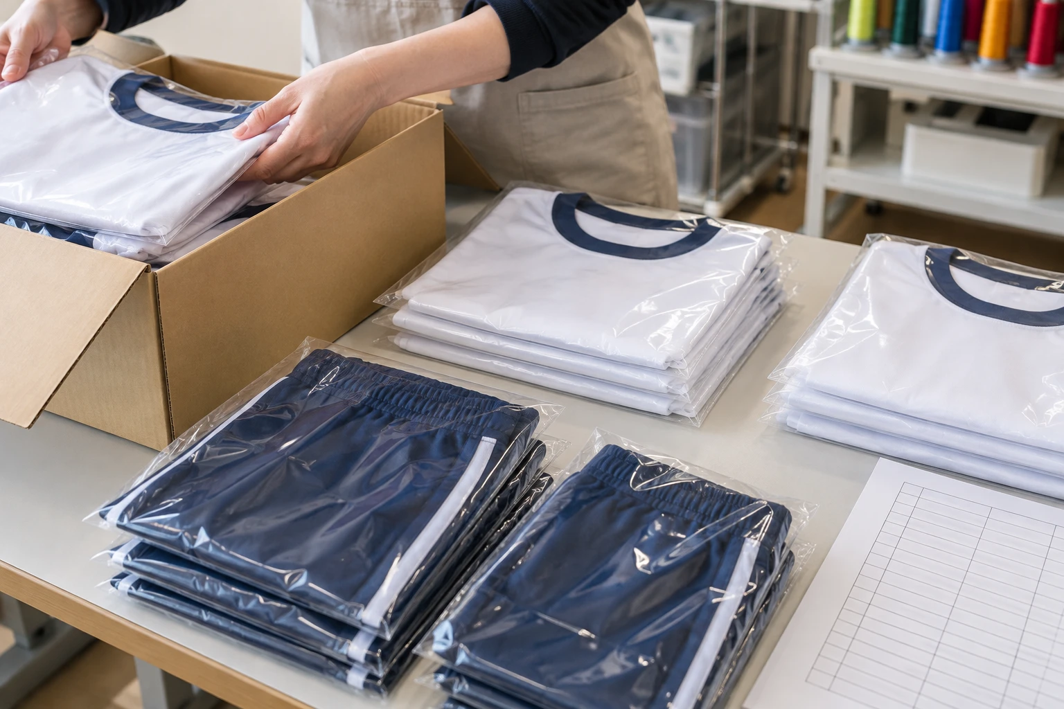 販売店からお預かりした体操服を名簿と照合しながら検品する様子