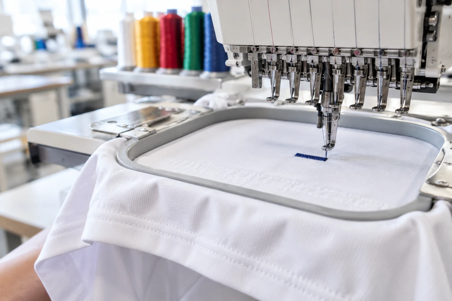刺繍ミシンで体操服の裾に試し縫いをしている様子